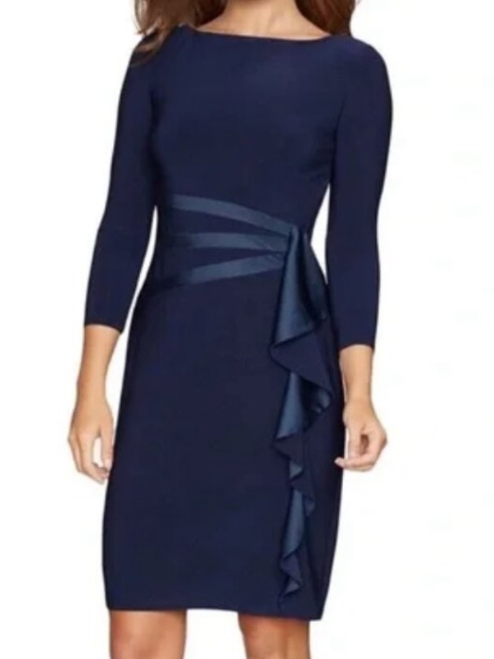American Living Womens Gabrielle Sheath Dress Satin Boat Neck Ruffle 3/4 Sleeves